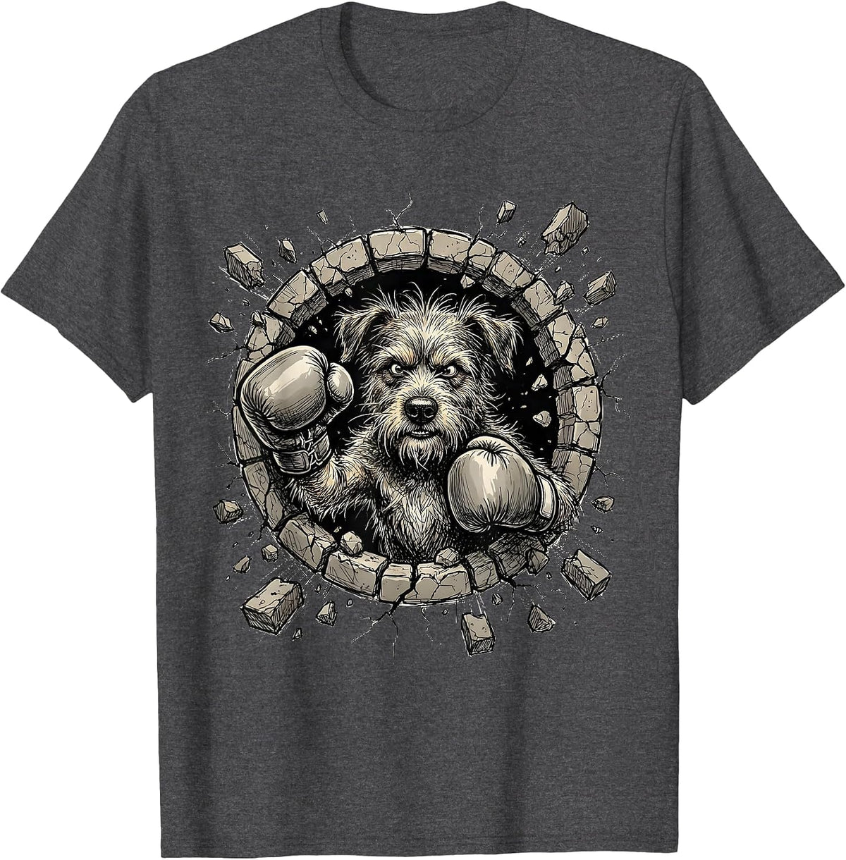 Crazy Dog Boxing Gloves Punching Through Wall T-Shirt - Dark Heather Grey