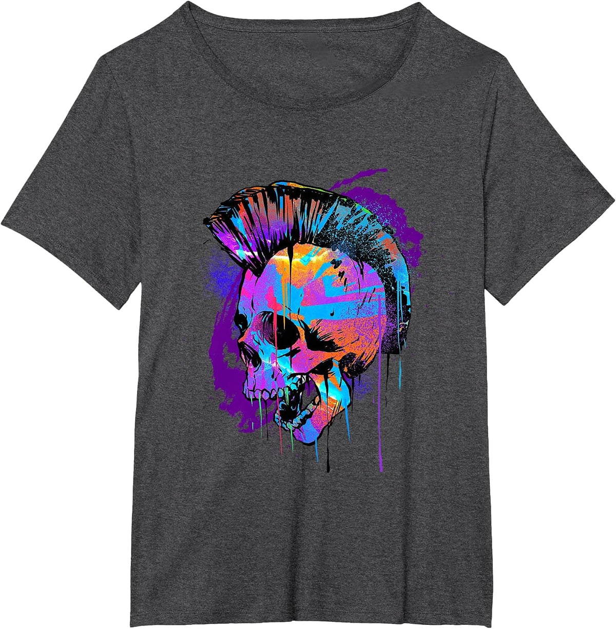 Pop Art Mohawk Skull Punk Rock Band Heavy Metal Rocker Goth T-Shirt - Dark Heather Grey