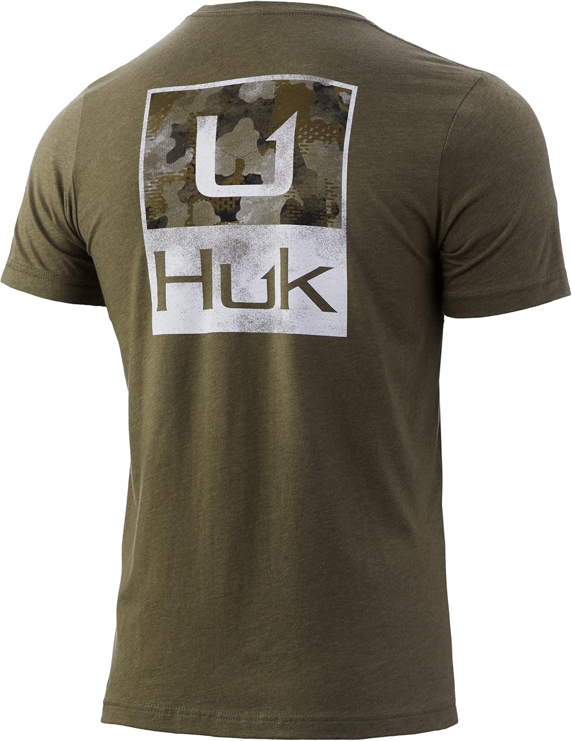 HUK Men's Short Sleeve Tee | Performance Fishing T-Shirt - Huk'd Up Refraction - Kalamata Olive Heather Large