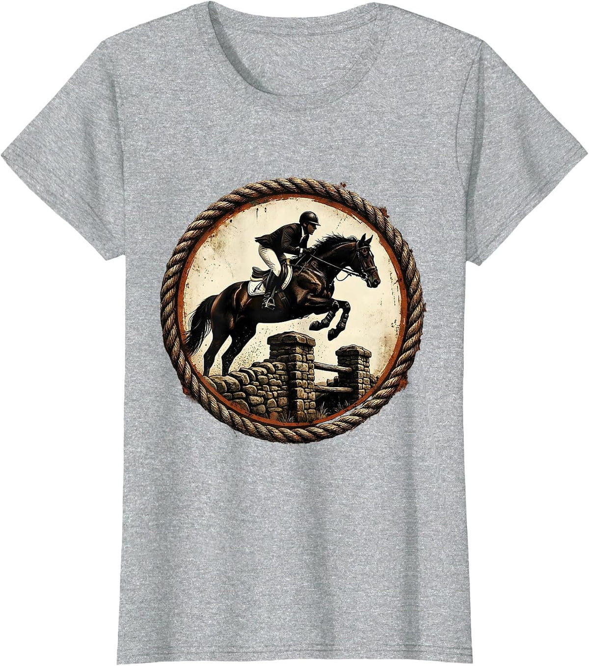 Horse and Rider Jumping Stone Fence Illustration T-Shirt - Heather Grey