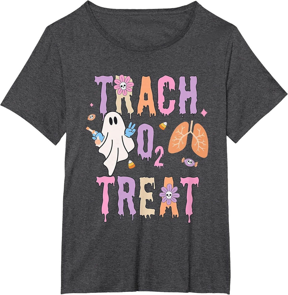 Trach or Treat Halloween Respiratory Therapist Pulmonary T-Shirt - Dark Heather Grey