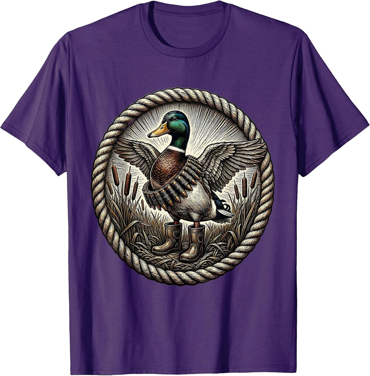Duck Hunting Waders and Shell Belt Graphic T-Shirt - Purple