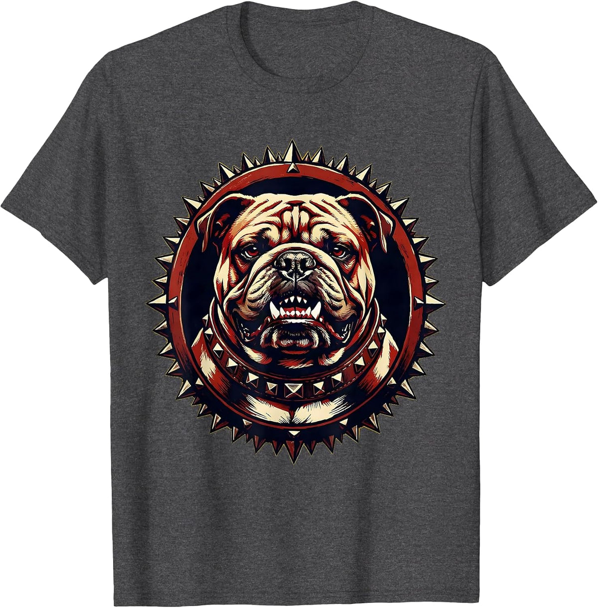 Punk Bulldog Studded Collar Graphic Design T-Shirt - Dark Heather Grey