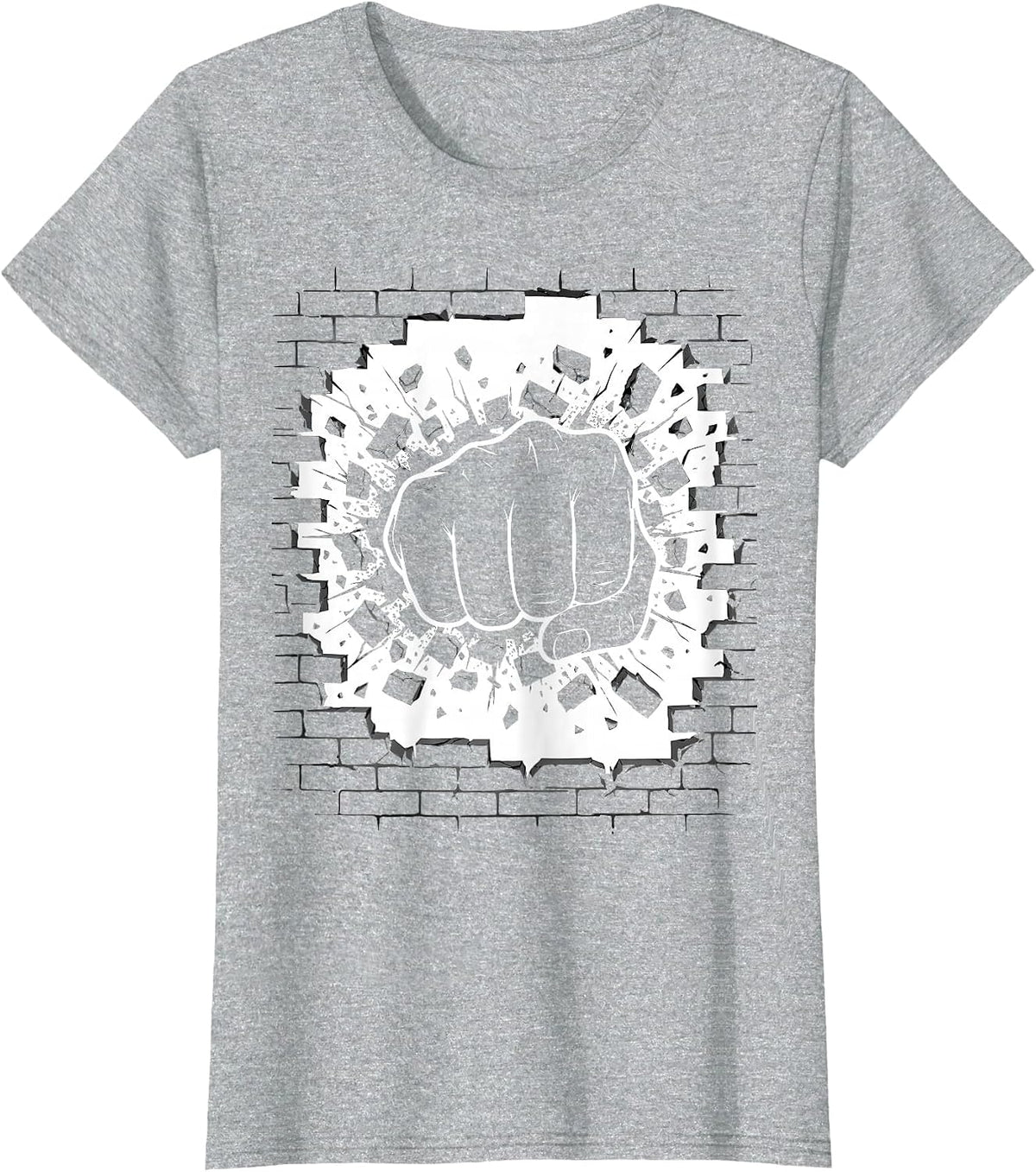Punk Fist Burst Through Brick Wall Graphic T-Shirt - Heather Grey