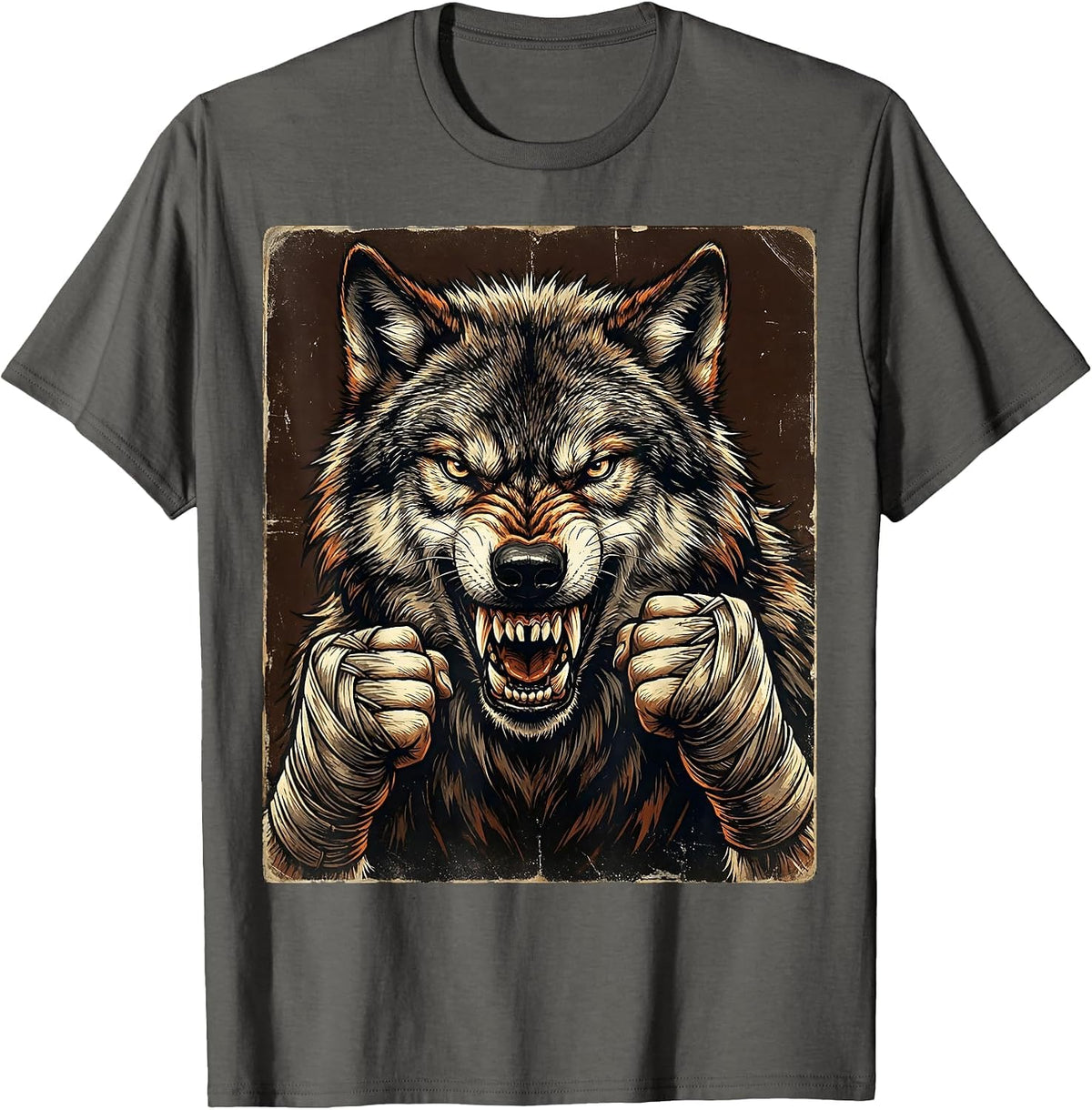 Wolf Boxer Snarl Fighter Wraps Boxing Design T-Shirt - Asphalt Grey