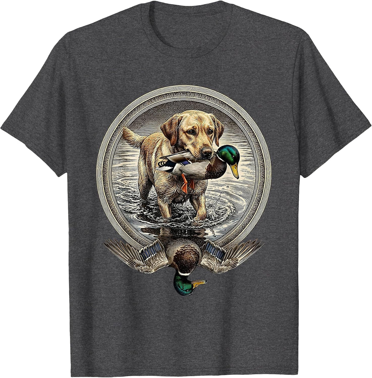 Hunting Dog Duck Retrieve Waterfowl Illustration T-Shirt - Dark Heather Grey