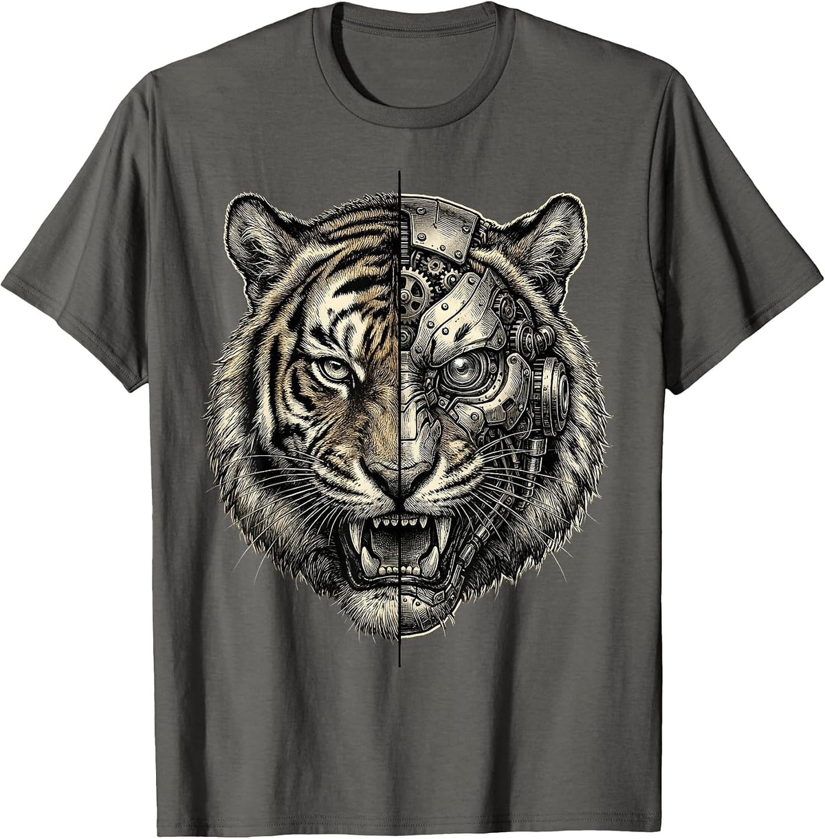 Men's Half Tiger Half Robot Mechanical Face Graphic T-Shirt - Asphalt Grey