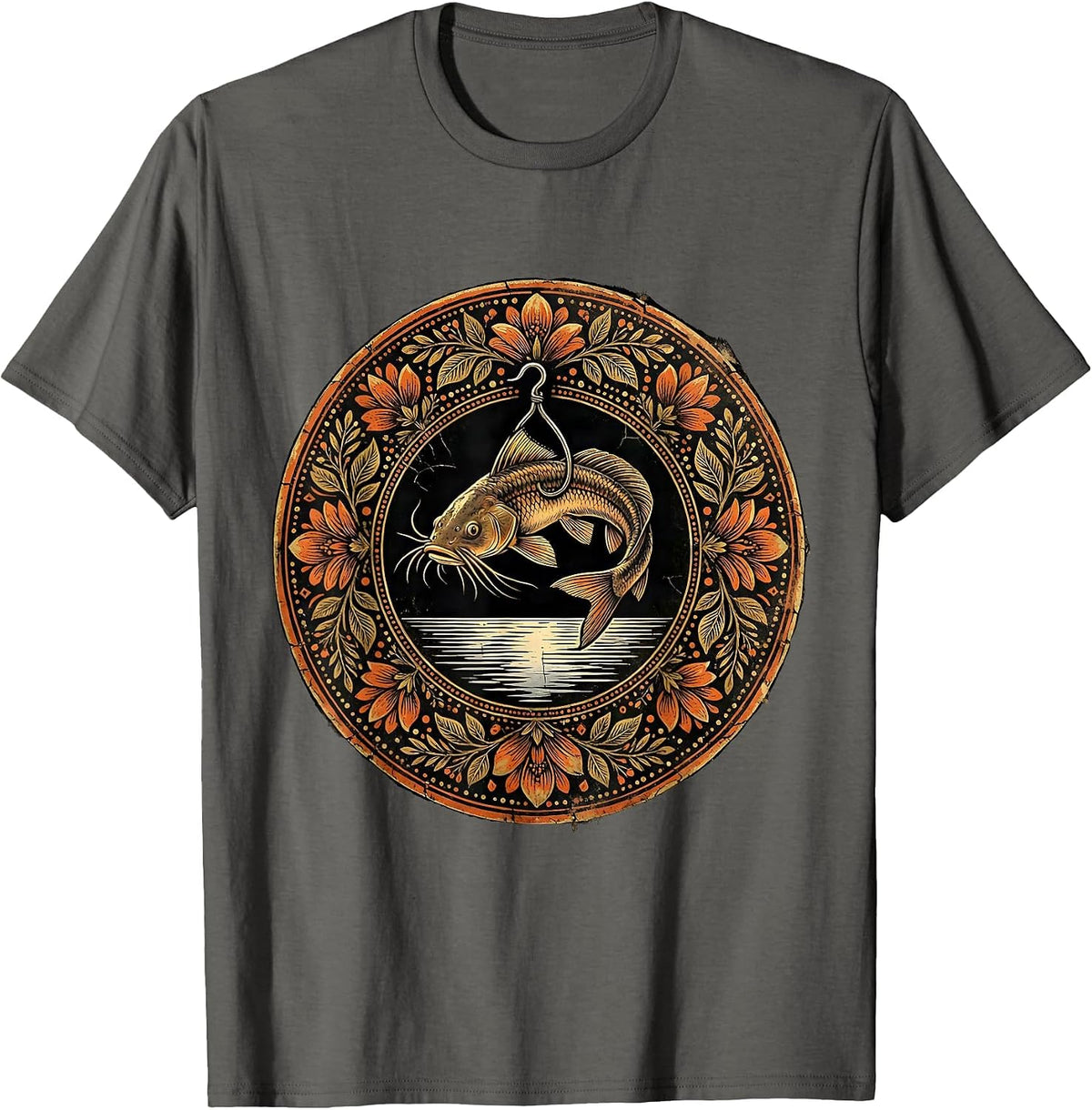 Catfish on a Hook Above Still Water Illustration T-Shirt - Asphalt Grey