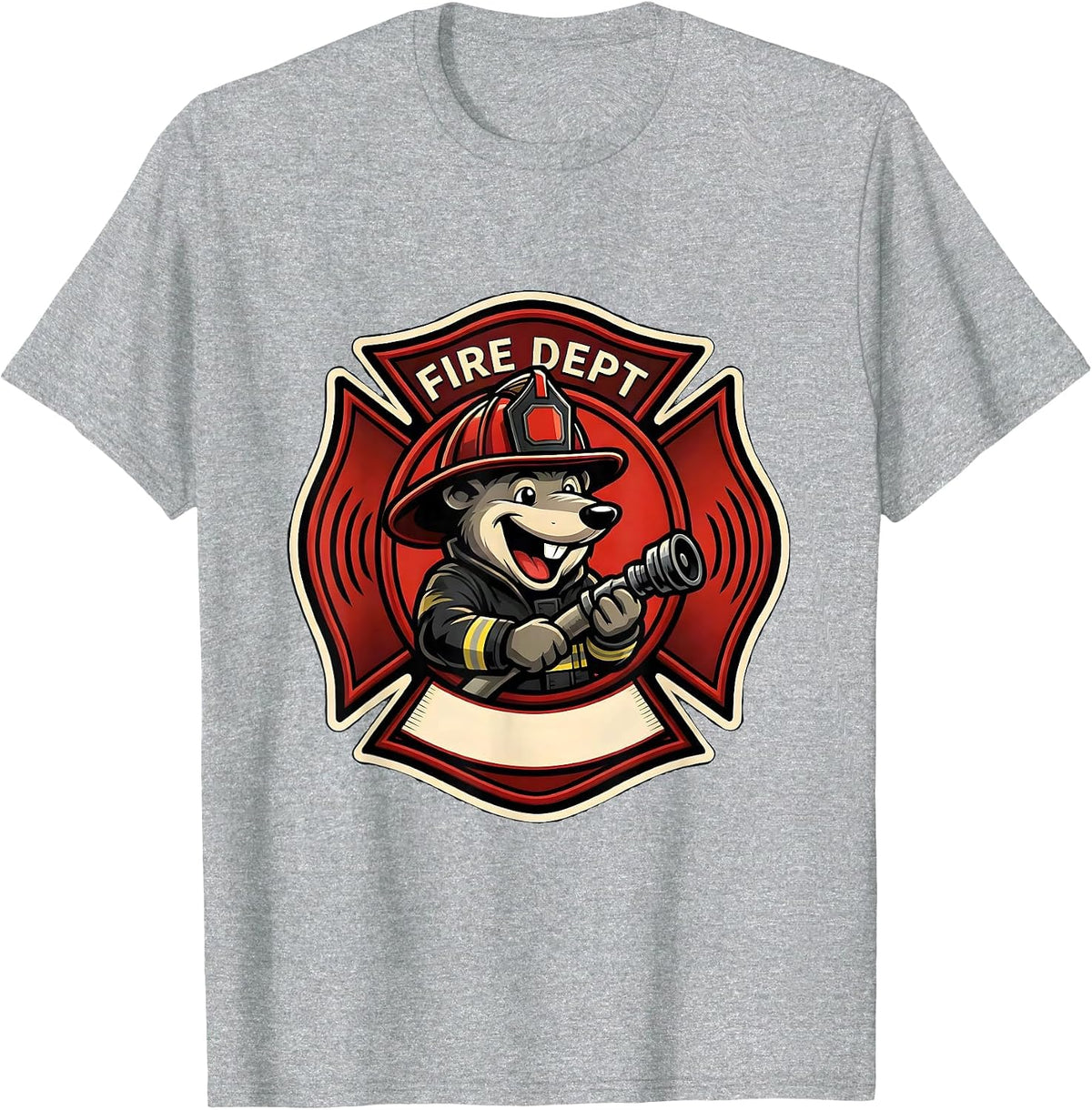 Men's Fire Dept Cheerful Mole Firefighter Mascot Logo Humor T-Shirt - Heather Grey