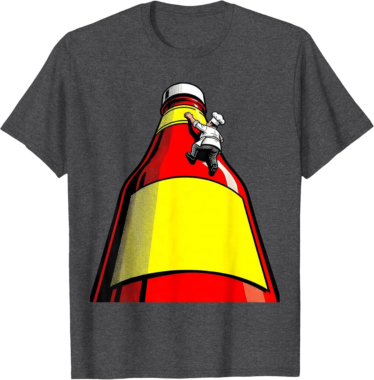 Tiny Chef Climbing Giant Ketchup Bottle T-Shirt - Dark Heather Grey