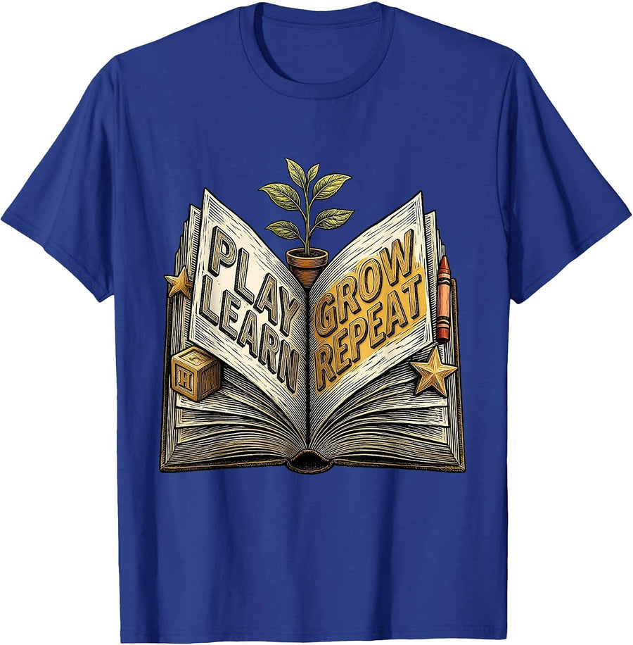 Play Learn Grow Repeat PreK Teacher Design T-Shirt - Royal Blue