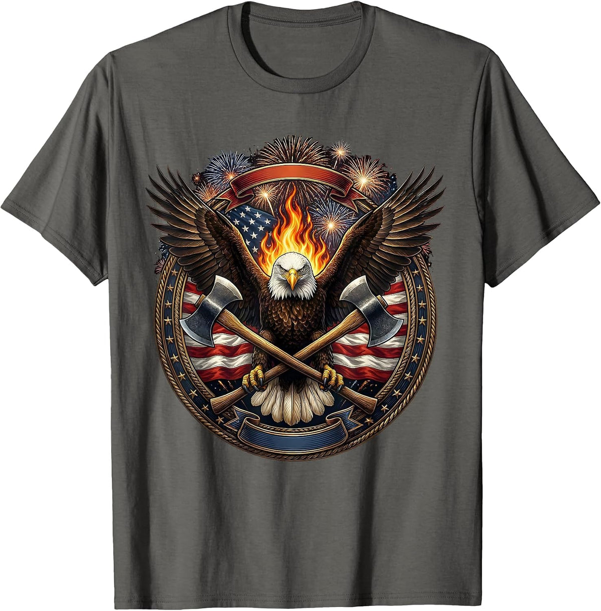 Crossed Axes Over Flame Firefighter Graphic T-Shirt - Asphalt Grey