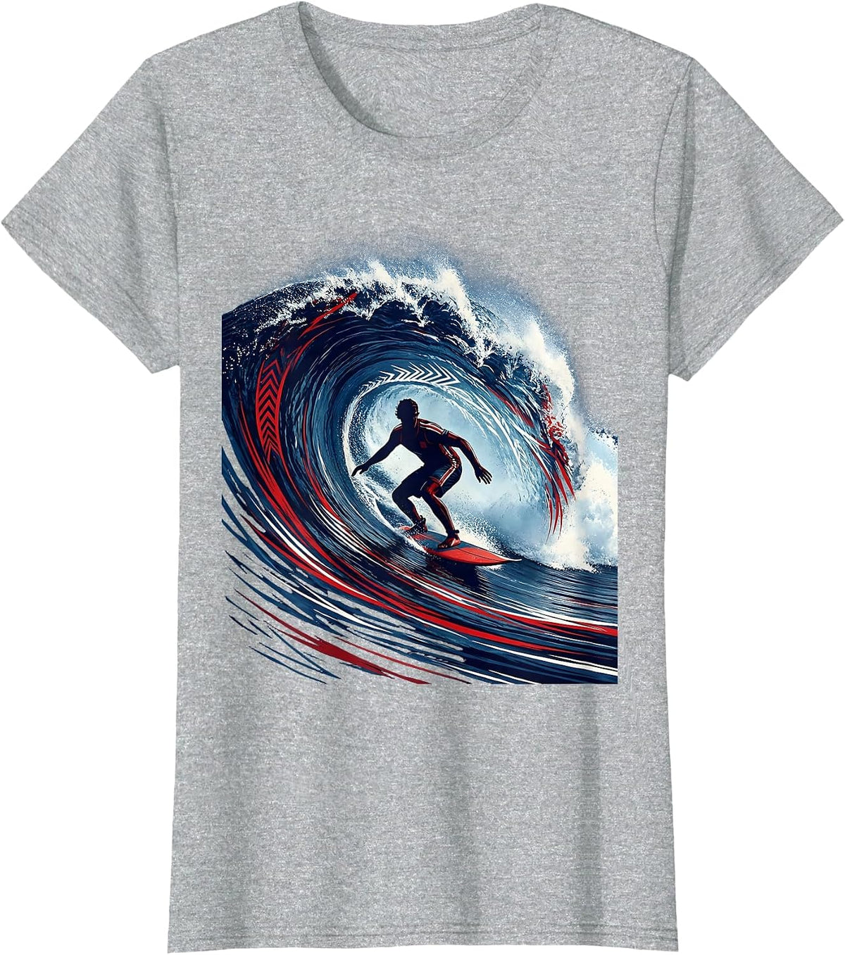 Surfer Riding Massive Ocean Wave Curl Graphic T-Shirt - Heather Grey