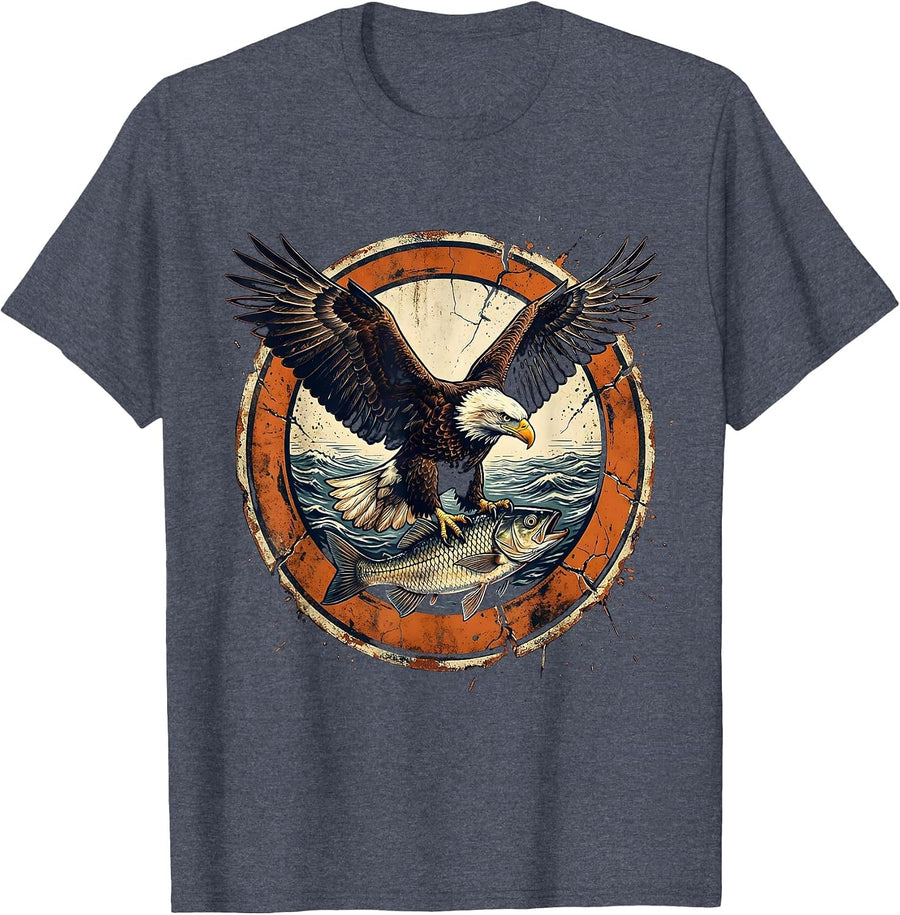 Gulf of America Bald Eagle Catching Fish Design T-Shirt - Heather Blue