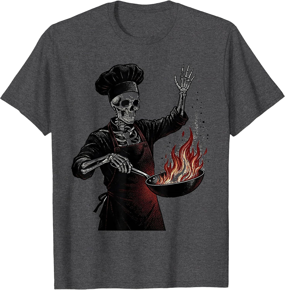Skeleton Chef Flaming Skillet Cooking Graphic T-Shirt - Dark Heather Grey