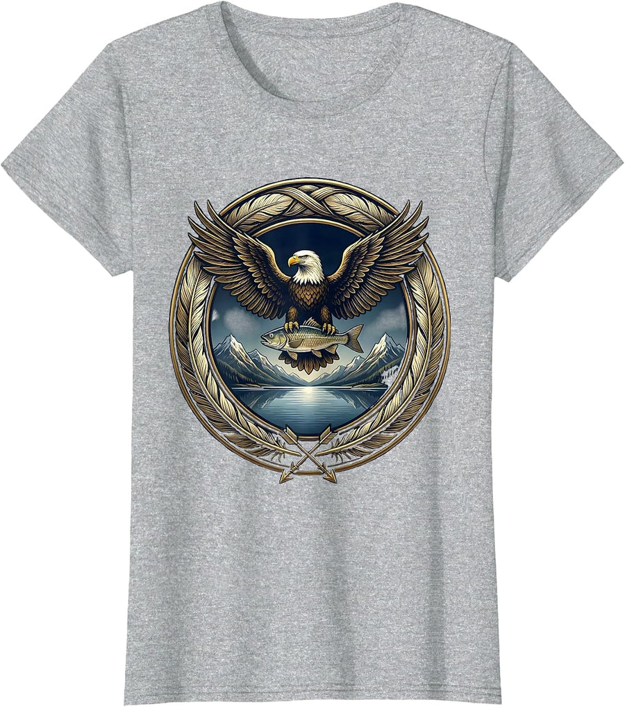 Eagle Carrying Fish Over Mountain Lake Graphic T-Shirt - Heather Grey