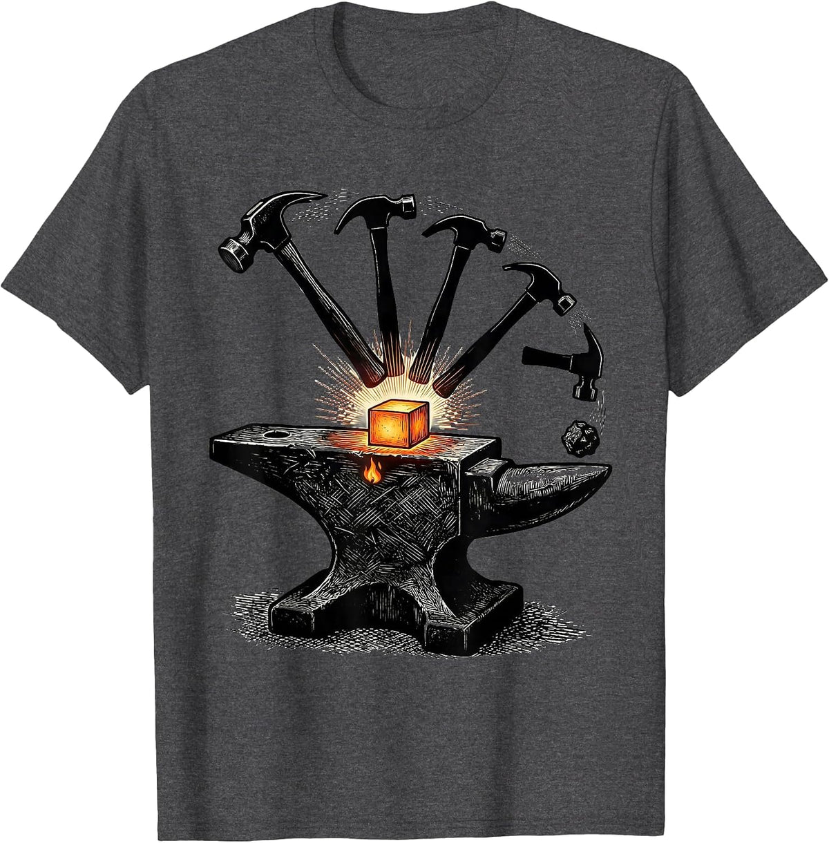 Men's Anvil Hammer Swing Woodcut Engraving Blacksmith Forge Gift T-Shirt - Dark Heather Grey