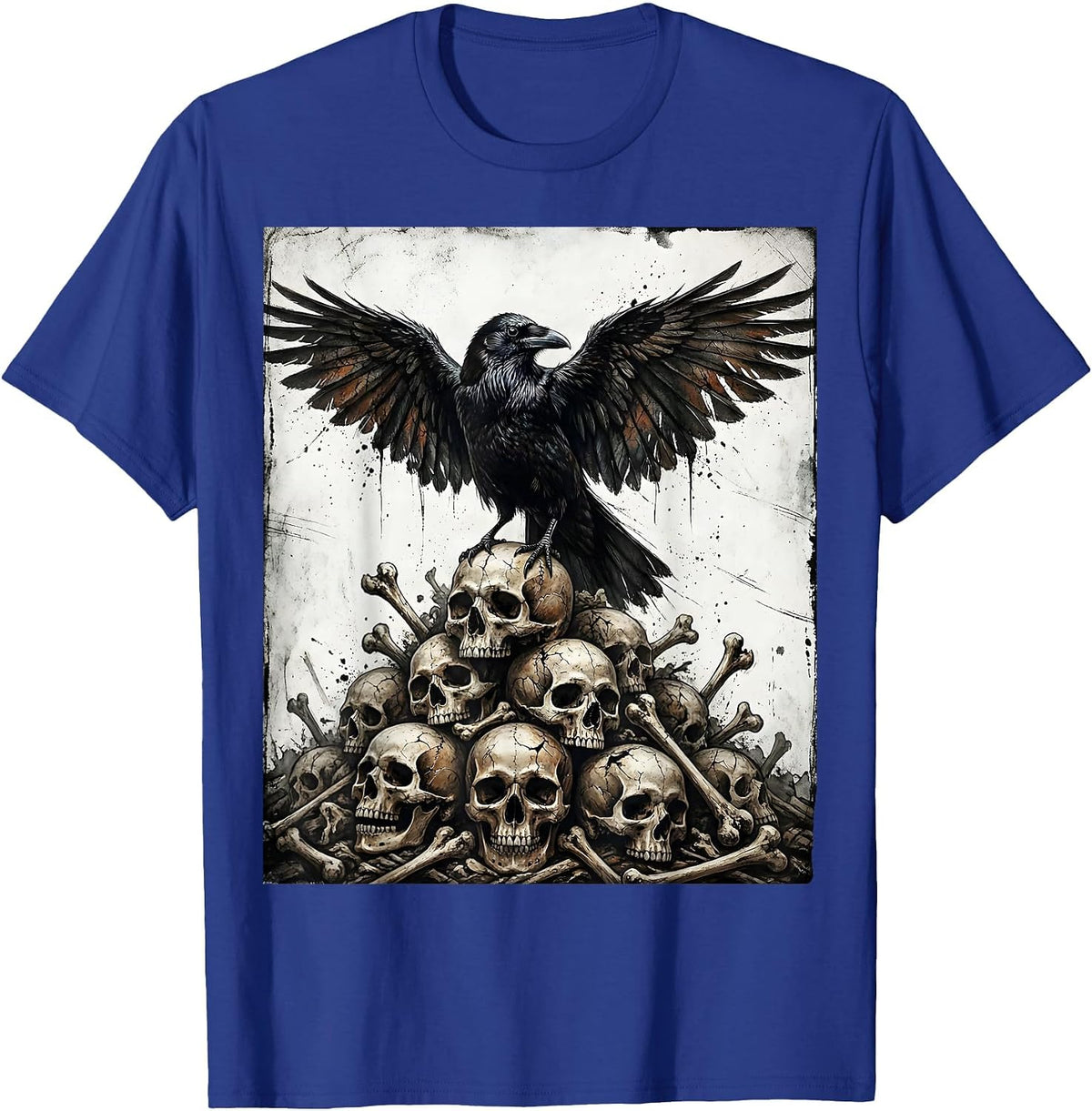 Crow Standing on a Pile of Bones Dark Art Design T-Shirt - Royal Blue