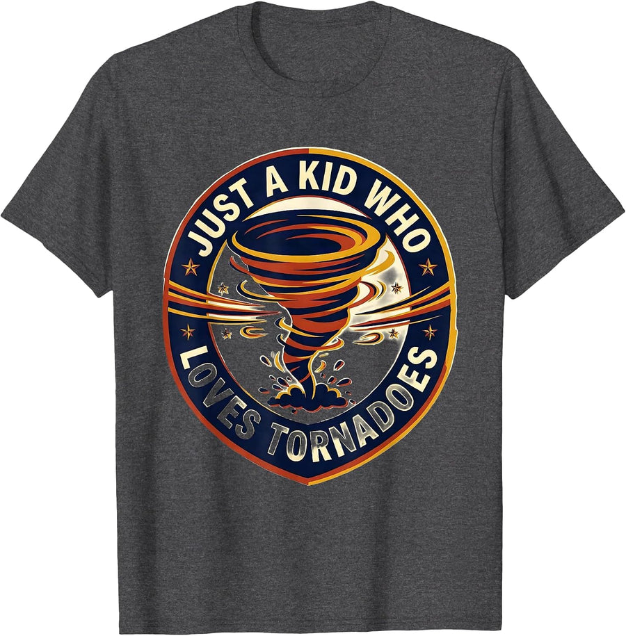 Men's Just A Kid Who Loves Tornadoes Funny Storm Chaser T-Shirt - Dark Heather Grey