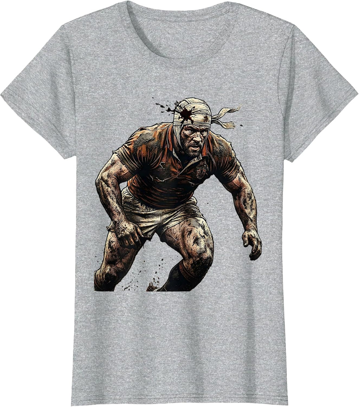 Bloodied Rugby Warrior Charging Graphic T-Shirt - Heather Grey
