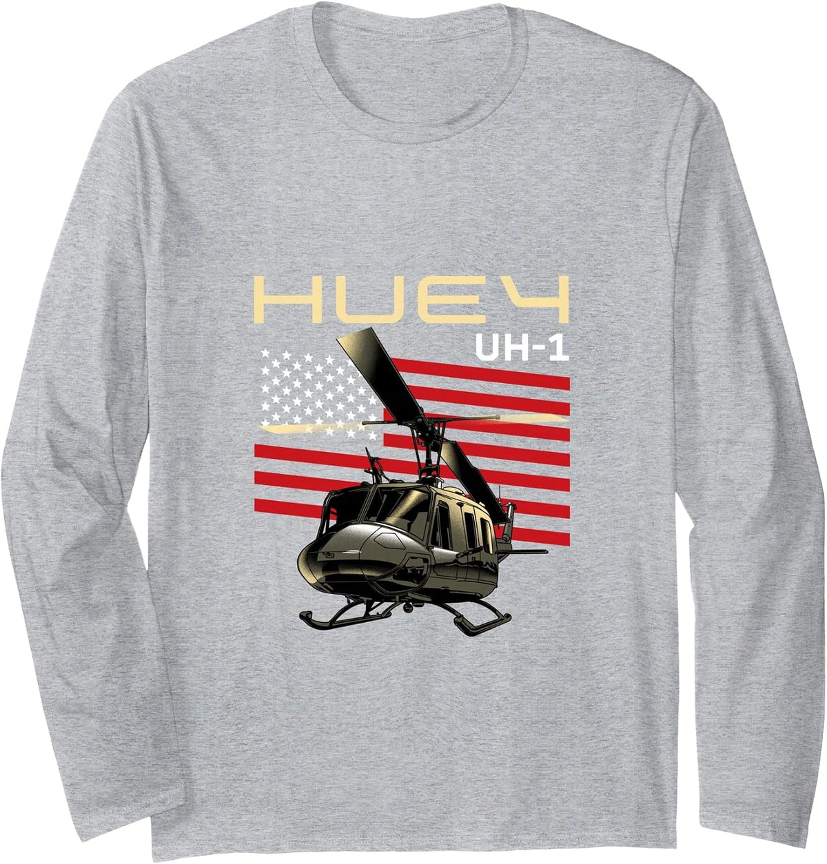 Huey Military Helicopter Airplane Long Sleeve T-Shirt - Adult Unisex Heather Grey