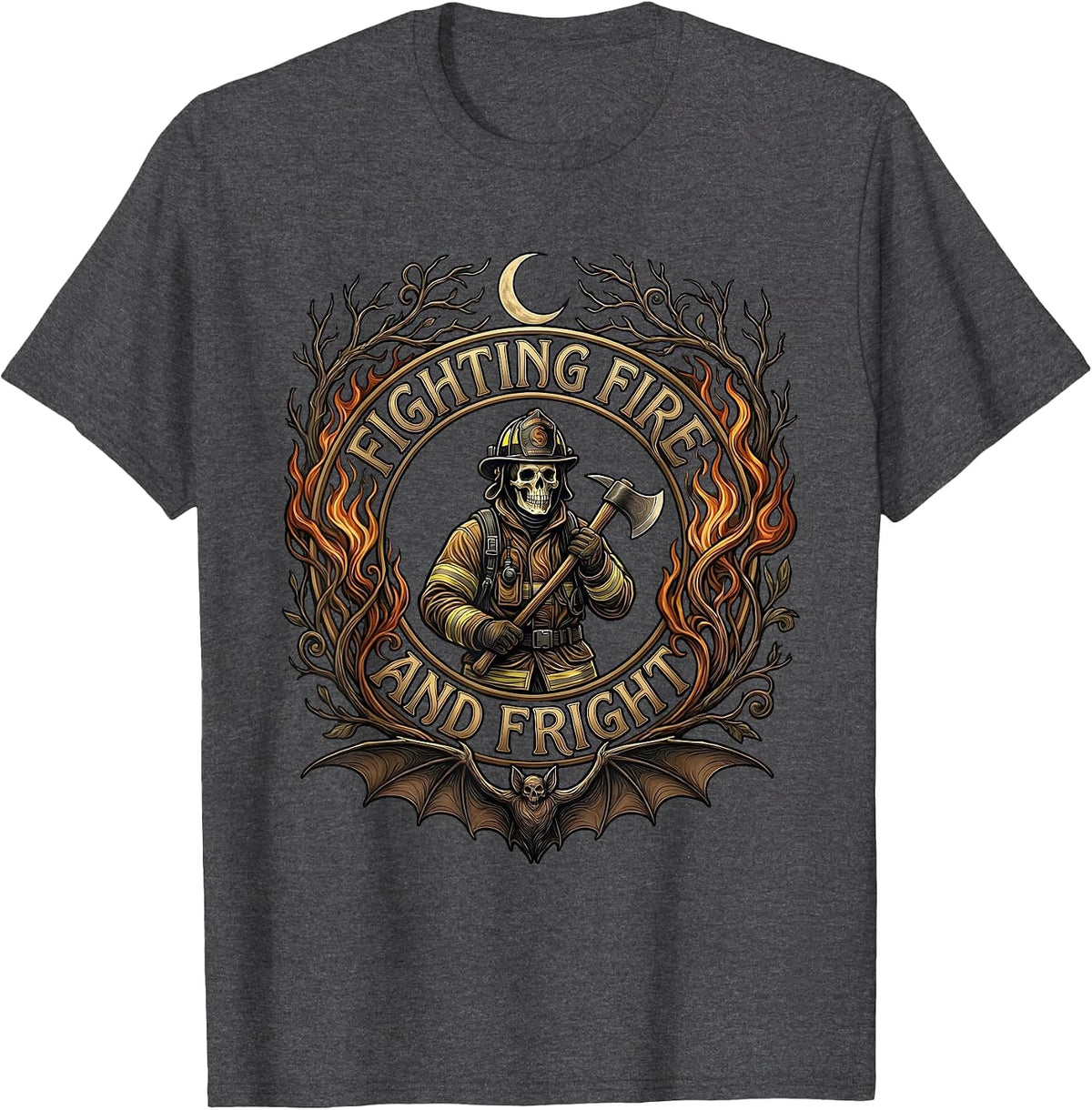 Men's Halloween Firefighter Fighting Fire and Fright Design T-Shirt - Dark Heather Grey
