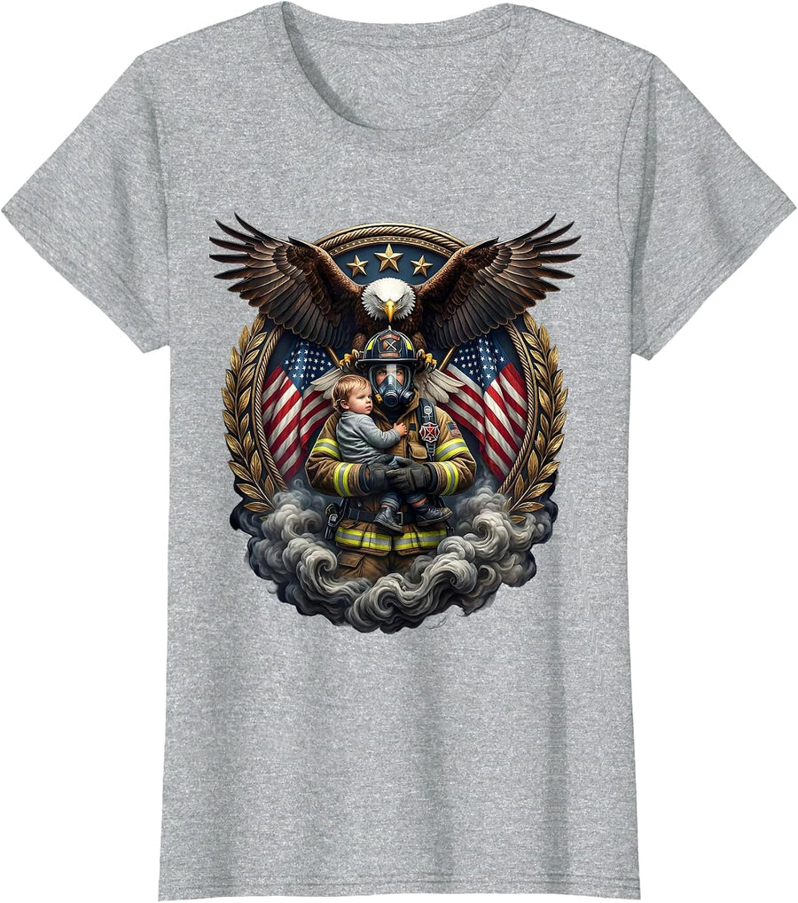 Firefighter Rescuing Child Graphic Design T-Shirt - Heather Grey