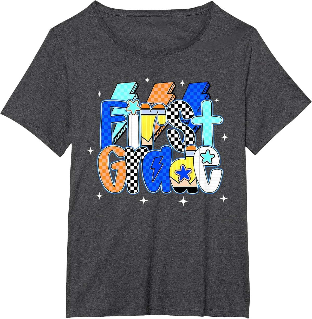 Checkered Lightning Bolt First Grade Back to School Girls T-Shirt - Dark Heather Grey