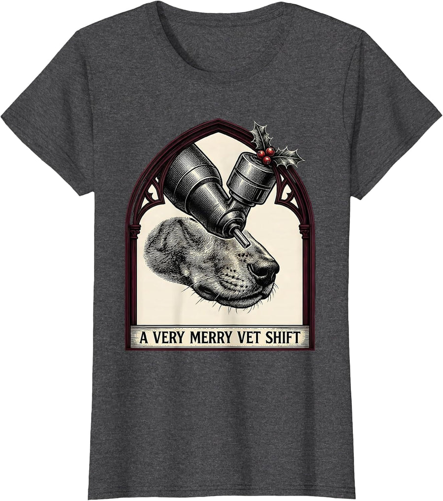 Women's A Very Merry Vet Shift Gothic Veterinary Tech Christmas T-Shirt - Dark Heather Grey