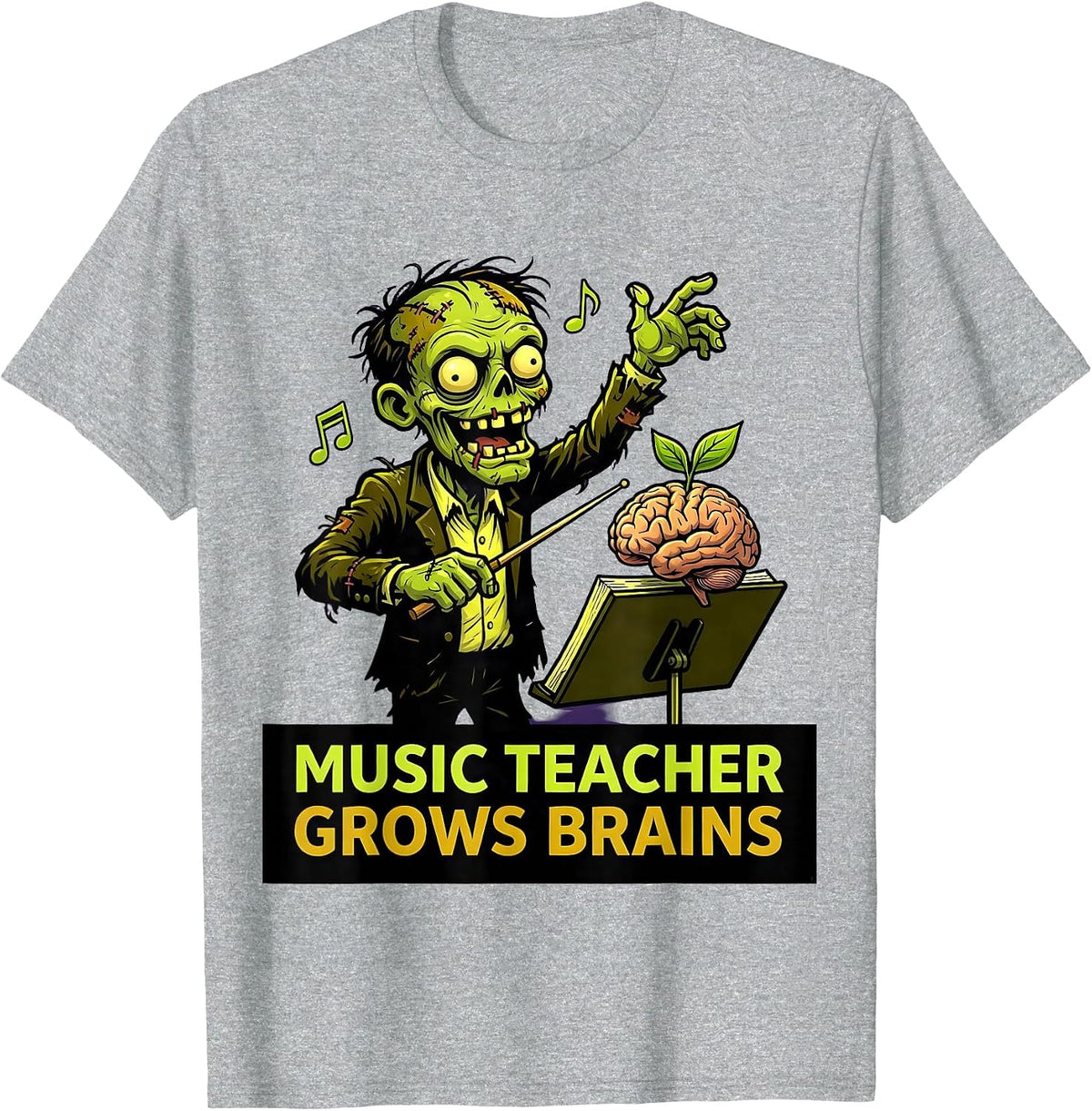 Men's Music Teacher Grows Brains Funny Zombie Teacher Halloween T-Shirt - Heather Grey