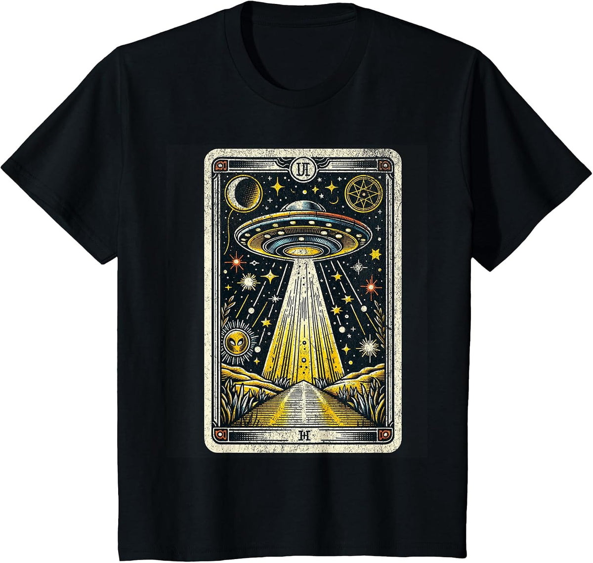 Vintage UFO Tarot Card Alien Astrology Retro Zodiac T-Shirt - Black