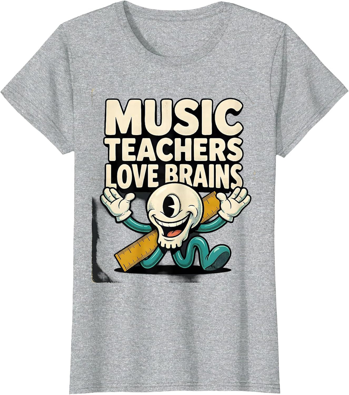 Women's Music Teachers Love Brains Retro Cartoon Teacher Halloween T-Shirt - Heather Grey
