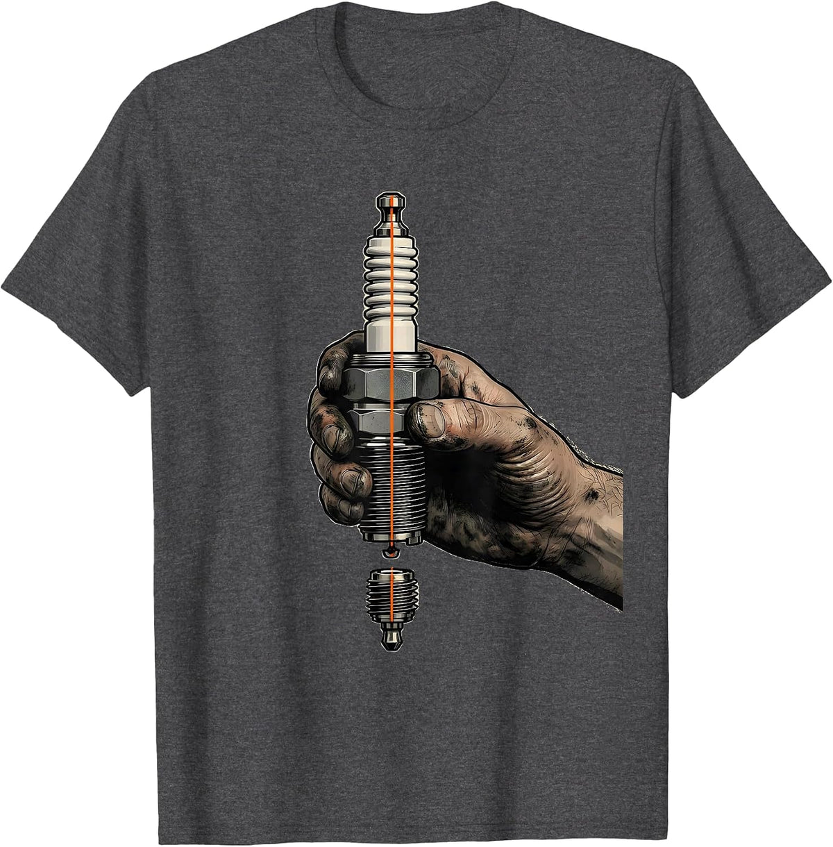 Men's Mechanic Grease Hand Spark Plug Graphic Tee T-Shirt - Dark Heather Grey