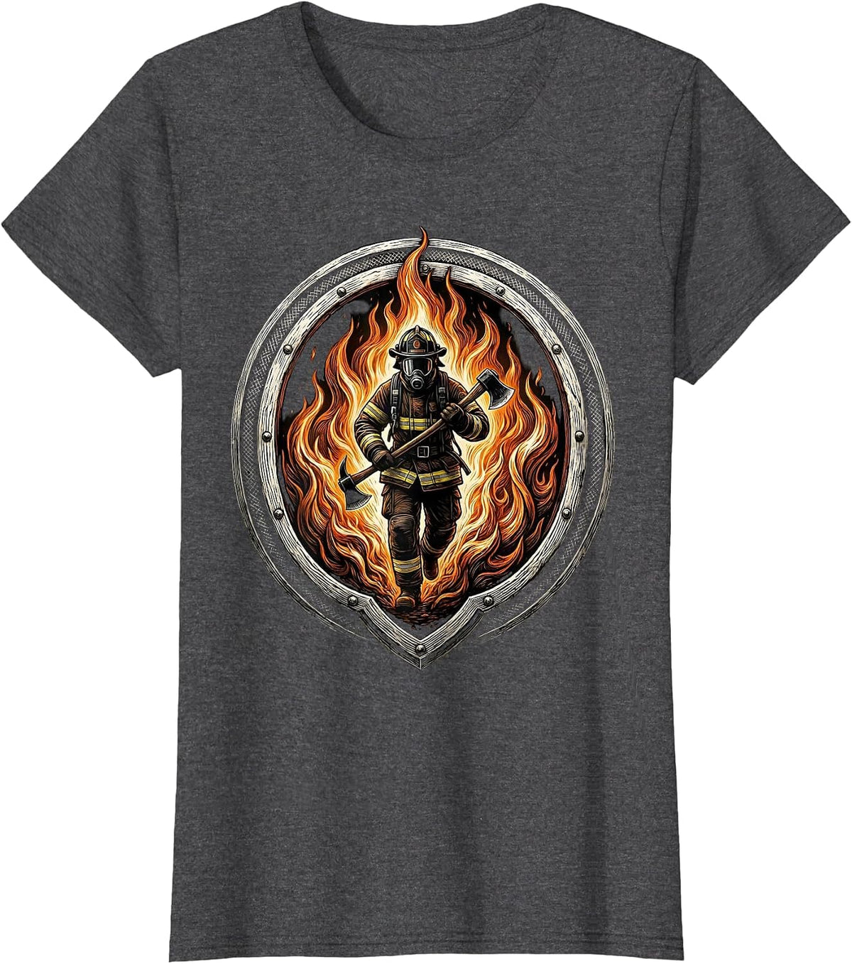 Women's Firefighter Silhouette Walking Through Flames T-Shirt - Dark Heather Grey