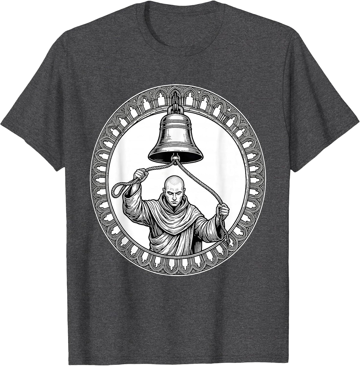 Men's Monk Ringing Bell Tower Clergy Illustration T-Shirt - Dark Heather Grey