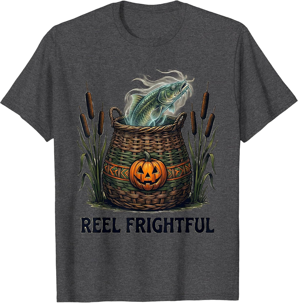 Men's Reel Frightful Folk Art Halloween Fishing Ghostly Catfish T-Shirt - Dark Heather Grey
