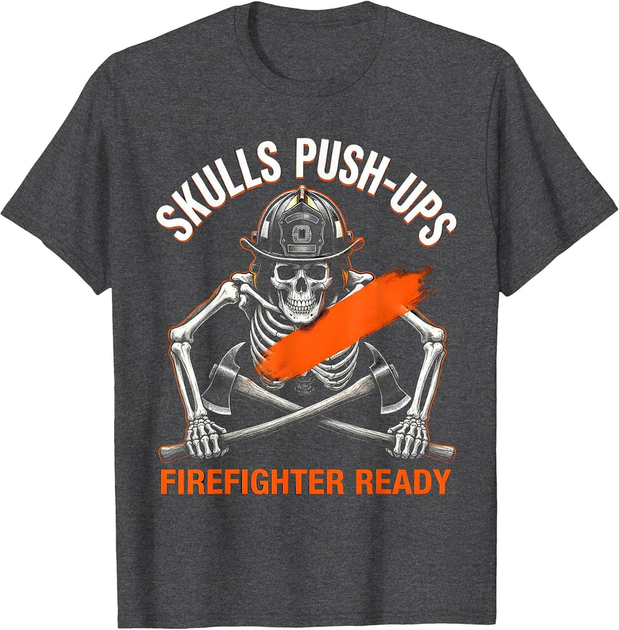 Men's Halloween Firefighter Skull Push-Ups Design T-Shirt - Dark Heather Grey