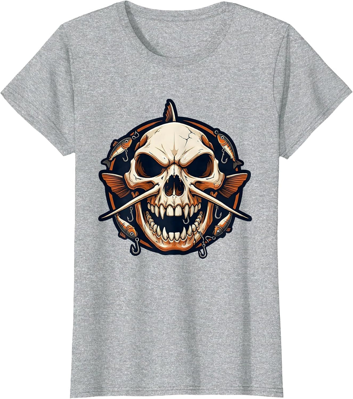 Women's Catfish Skull Hooks and Lures Fishing Graphic T-Shirt - Heather Grey