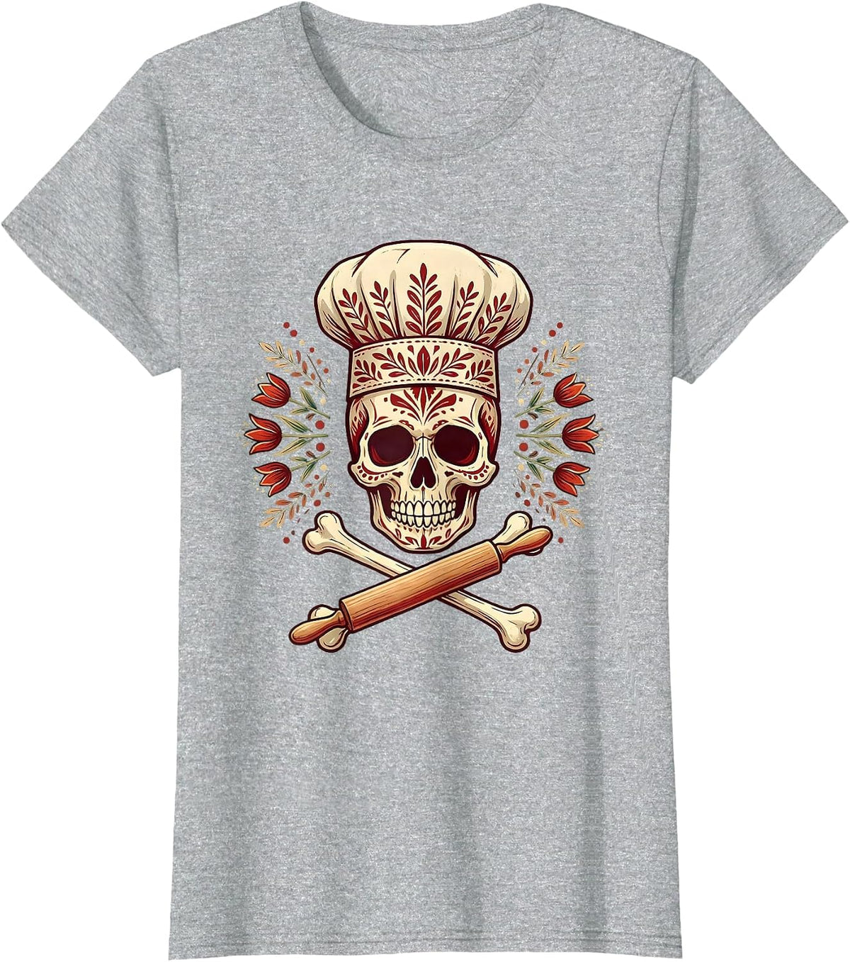 Chef Skull Crossbones Dark Culinary Art Design T-Shirt - Heather Grey