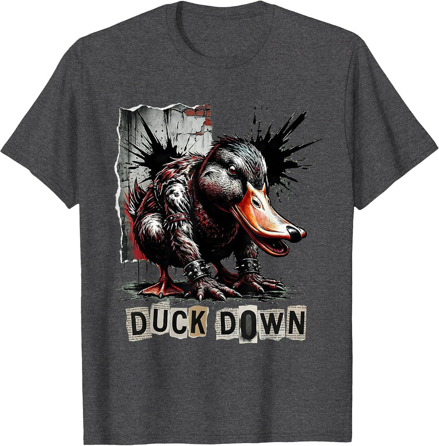 Men's Duck Down Punk Metal Graffiti Street Art Graphic T-Shirt - Dark Heather Grey