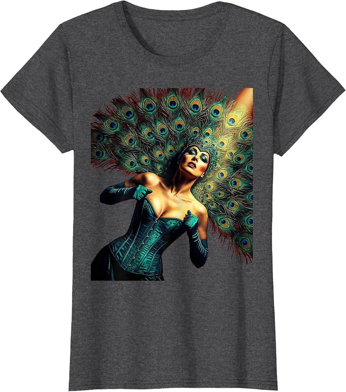 Women's Showgirl Peacock Feather Corset Illustration T-Shirt - Dark Heather Grey