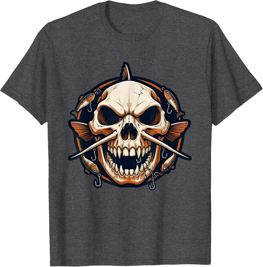 Men's Catfish Skull Hooks and Lures Fishing Graphic T-Shirt - Dark Heather Grey