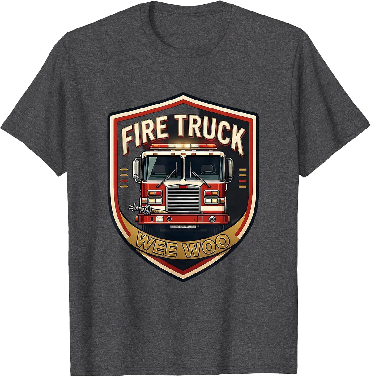 FIRE TRUCK WEE WOO Funny Firefighter Badge Fireman Humor T-Shirt - Dark Heather Grey