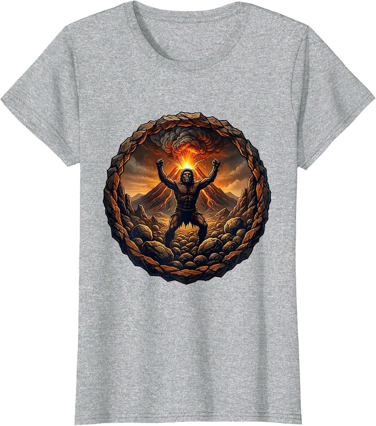 Cave Person Silhouette Volcanic Eruption Design T-Shirt - Heather Grey