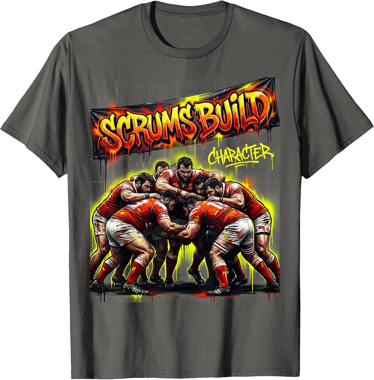 Scrums Build Character Rugby Graphic Design T-Shirt - Asphalt Grey