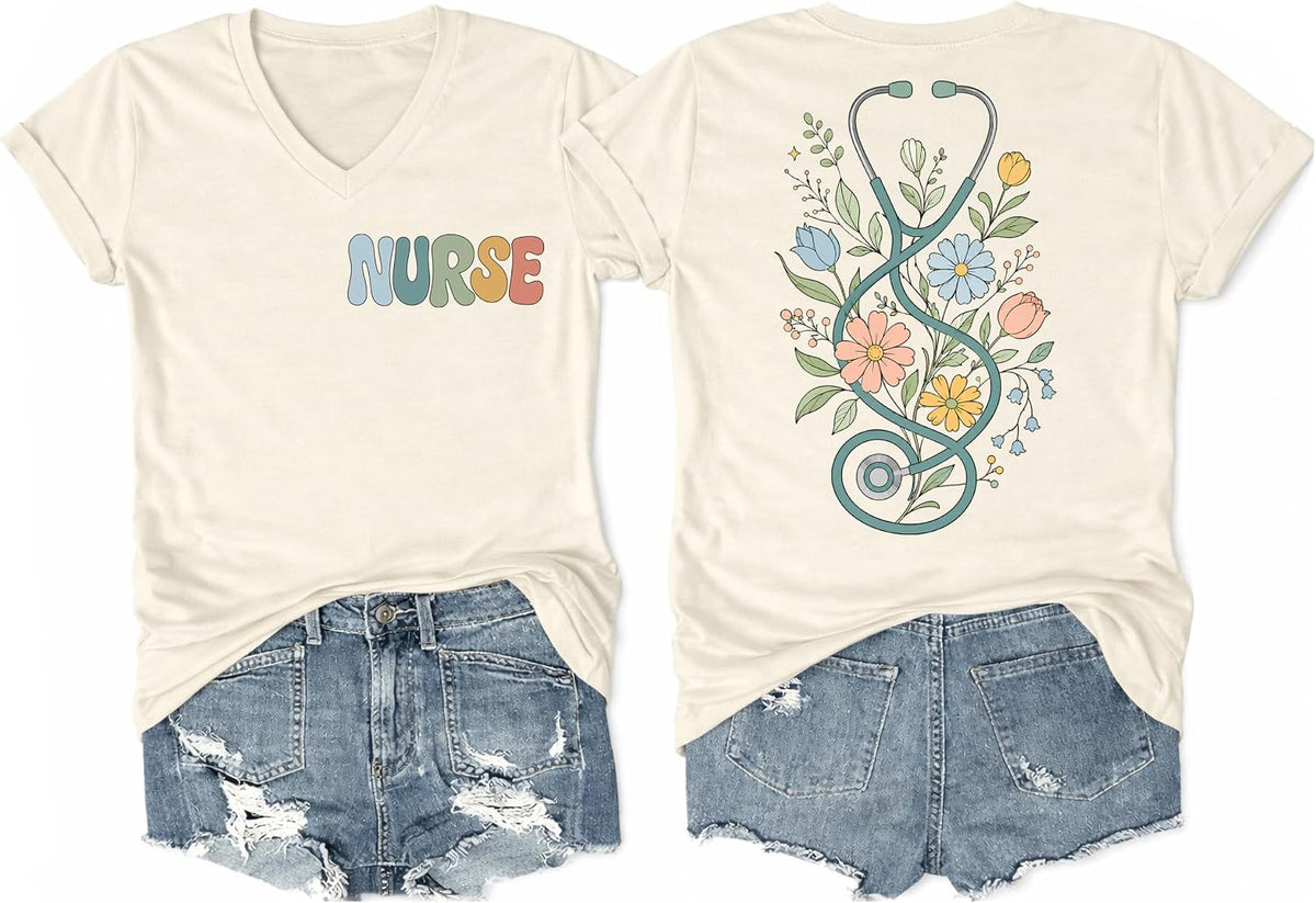 Nurse Shirt Funny Nurse Life T Shirt Boho Floral Stethoscope Graphic Tees - Creamy Yellow V-neck