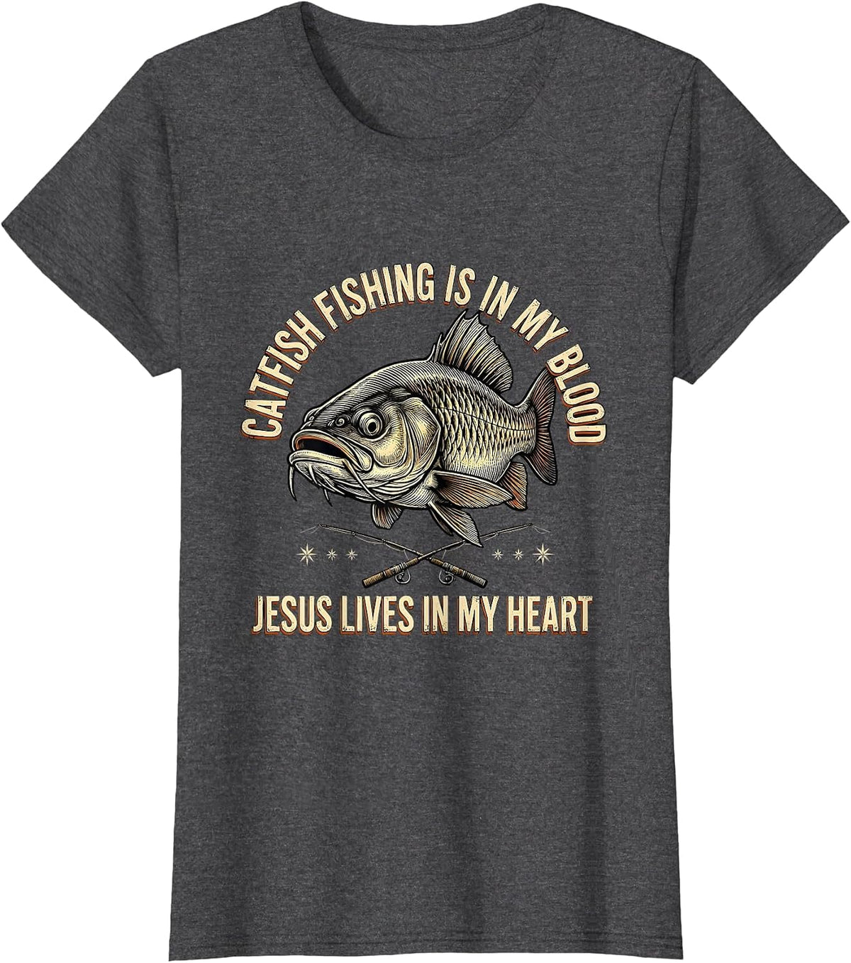Women's Catfish Fishing Is In My Blood, Jesus Lives In My Heart T-Shirt - Dark Heather Grey