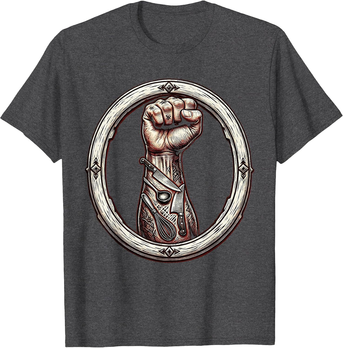 Tattooed Chef Arm Kitchen Utensils Graphic T-Shirt - Dark Heather Grey