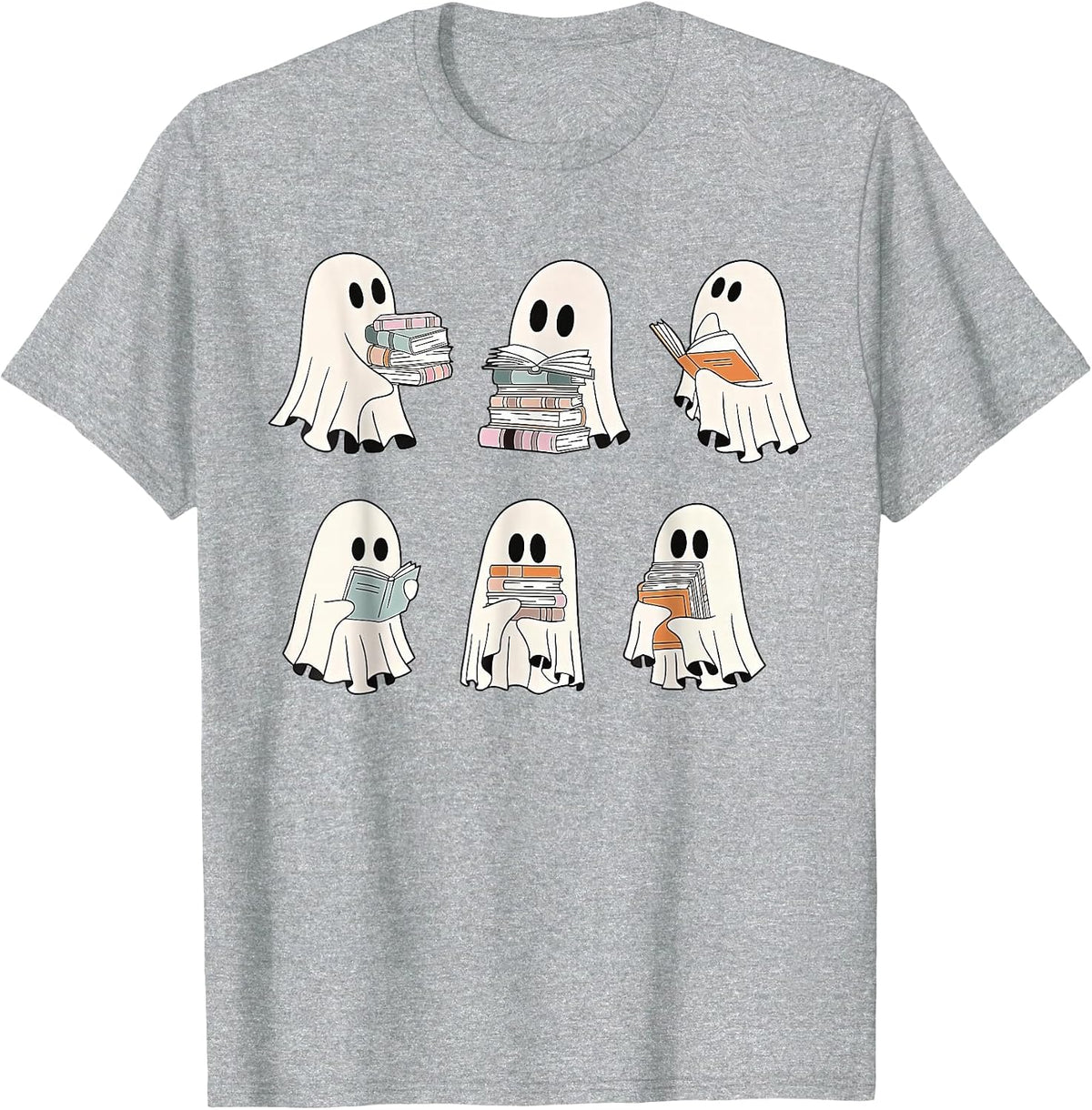 Retro Ghost Reading Books, Halloween Bookish Ghost Bookworm T-Shirt - Heather Grey