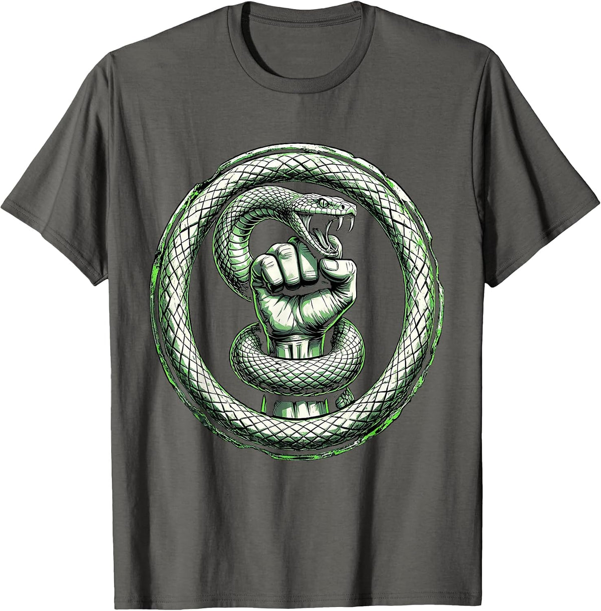 Punk Snake Devouring Raised Fist Graphic T-Shirt - Asphalt Grey